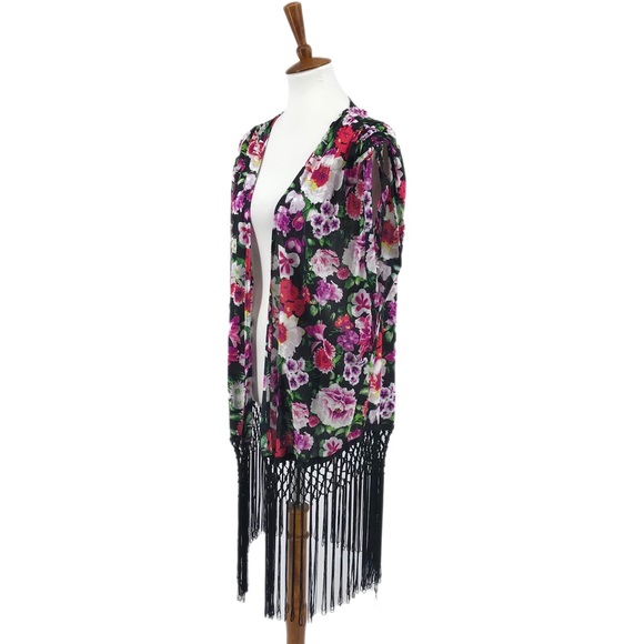 Betsey Johnson Floral Rhapsody Pink Black Fringed Open Front Kimono Wrap M/L - Picture 3 of 11
